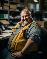 un sonriente hombre en un amarillo chaleco sentado a un escritorio generativo ai foto