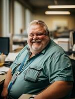 un sonriente hombre en un oficina ajuste generativo ai foto