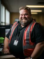 a smiling man in an orange vest and black shirt generative ai photo