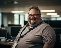 a smiling man in an office with computer screens in the background generative ai photo