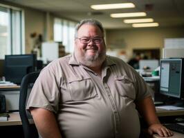 a smiling man in an office wearing glasses and a tan shirt generative ai photo