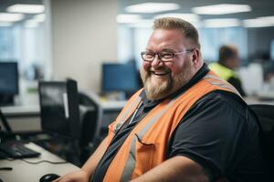 un sonriente hombre en un naranja chaleco sentado a un escritorio generativo ai foto