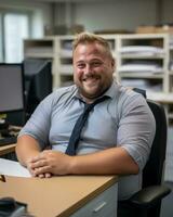 un sonriente hombre sentado a un escritorio en un oficina generativo ai foto