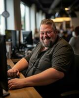 a smiling man sitting at a desk in front of a computer generative ai photo