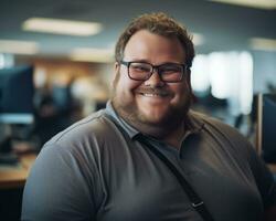 a smiling man with glasses in an office generative ai photo