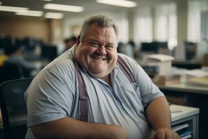 an overweight man sitting at a desk in an office generative ai photo