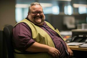 a fat man sitting at a desk in an office generative ai photo
