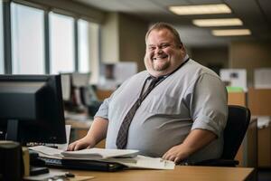 a fat man sitting at a desk in an office generative ai photo