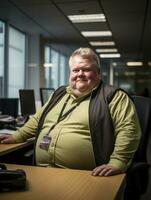 a fat man sitting at a desk in an office generative ai photo