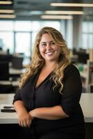 a smiling woman in a black dress sitting at a desk in an office generative ai photo