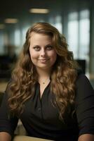 a woman with long wavy hair sitting at a table generative ai photo