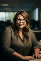 a woman in glasses sitting at a desk in an office generative ai photo