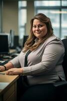 a woman sitting at a desk in an office generative ai photo