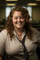 a woman wearing a shirt and tie in an office generative ai photo