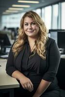 a woman in a business suit sitting at a desk generative ai photo