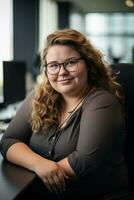 a woman with glasses sitting at a desk in an office generative ai photo