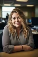 a woman sitting at a desk in an office generative ai photo