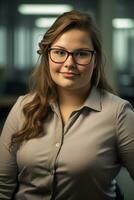 a woman wearing glasses and a shirt posing for the camera generative ai photo