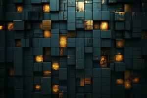 3d rendering of a dark blue wall with gold lights generative ai photo