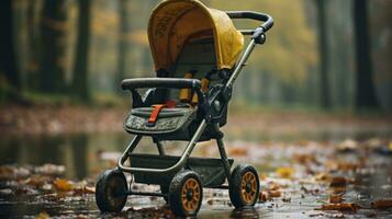 a baby stroller in the rain with leaves on the ground generative ai photo