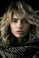 a beautiful blonde woman in a black and white scarf generative ai photo