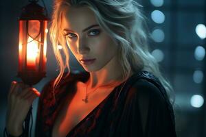 a beautiful blonde woman holding an old lantern generative ai photo