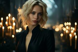 a beautiful blonde woman in a black dress standing in front of candles generative ai photo