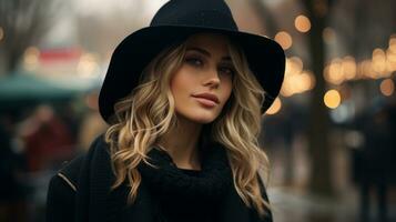 a beautiful blonde woman in a black hat generative ai photo