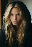 a beautiful blonde woman in a black hoodie generative ai photo