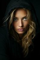 a beautiful blonde woman in a black hoodie generative ai photo