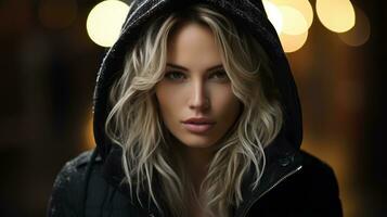 a beautiful blonde woman in a black hoodie generative ai photo