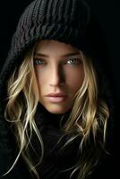 a beautiful blonde woman in a black hoodie generative ai photo