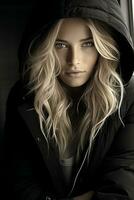 a beautiful blonde woman in a black hoodie generative ai photo