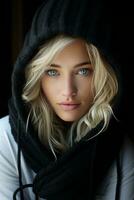 a beautiful blonde woman in a black hoodie generative ai photo