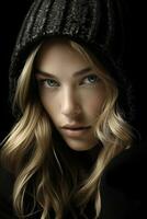 a beautiful blonde woman in a black hoodie generative ai photo