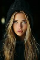 a beautiful blonde woman in a black hoodie generative ai photo