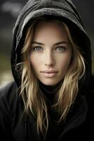 a beautiful blonde woman in a black hoodie generative ai photo