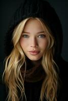 a beautiful blonde woman in a black hoodie generative ai photo