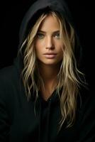 a beautiful blonde woman in a black hoodie generative ai photo