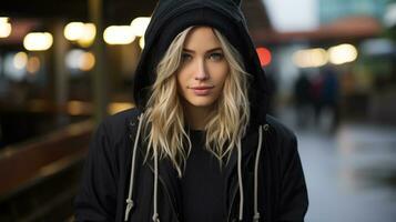 a beautiful blonde woman in a black jacket and hoodie generative ai photo