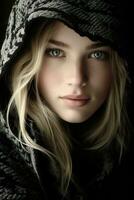 a beautiful blonde woman in a black hoodie generative ai photo