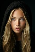 a beautiful blonde woman in a black hoodie generative ai photo