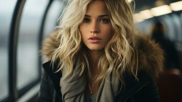 a beautiful blonde woman in a black jacket on a train generative ai photo