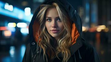 a beautiful blonde woman in a black jacket on the street at night generative ai photo