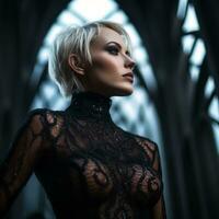 a beautiful blonde woman in a black lace bodysuit generative ai photo