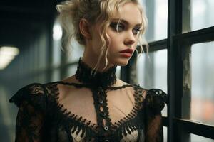 un hermosa rubia mujer en un negro cordón vestir en pie en frente de un ventana generativo ai foto