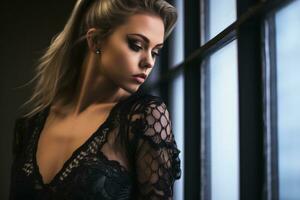 a beautiful blonde woman in a black lace dress looking out the window generative ai photo