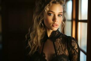 a beautiful blonde woman in a black lace top generative ai photo