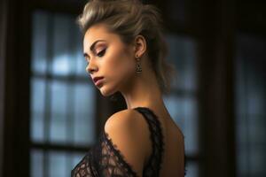 a beautiful blonde woman in a black lace dress generative ai photo
