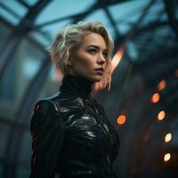 a beautiful blonde woman in a black leather jacket generative ai photo